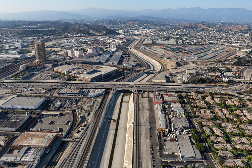 Aerial view of the Los Angeles river and 101 Freeway near downtown LA in Southern California.