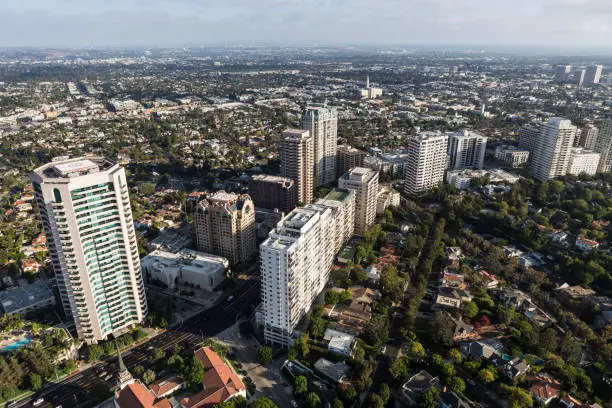 Aerial view of condos, apartments and houses along Wilshire Blvd near Westwood in Los Angeles, California.