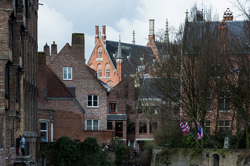 Bruges, Belgium – March 2018 – Architectural detail of the city of Bruges, the capital and largest city of the province of West Flanders in the northwest of the country.