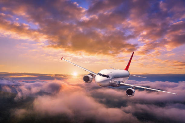 istock Airplane is flying above the clouds at sunset in summer 1402354194