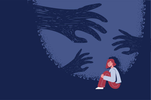 A teenage girl around whom there is darkness and shadows of hands, a symbol of phobia, fear of darkness and nightmares. A teenage girl around whom there is darkness and shadows of hands, a symbol of phobia, fear of darkness and nightmares. child misbehaving stock illustrations
