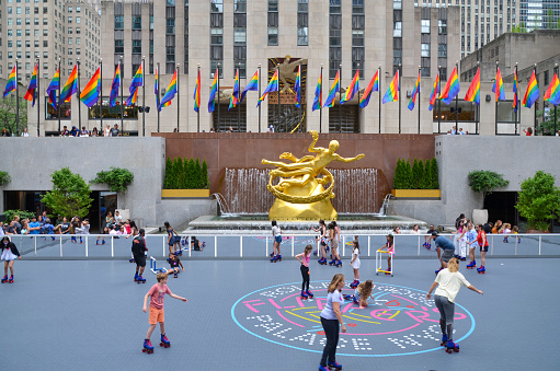 Rockefeller Plaza in New York City is seen covered with Pride flags during the Pride month on June 11, 2022.