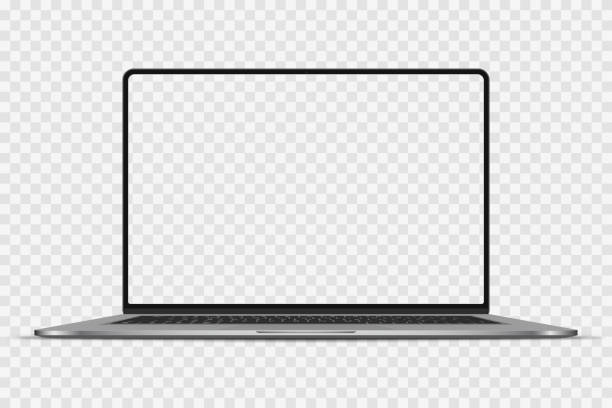 투명 화면이 격리 된 사실적인 다크 그레이 노트북. 새로운 노트북. 디스플레이를 엽니다. 프로젝트, 프리젠 테이션에 사용할 수 있습니다. 빈 장치 모형. 그룹과 레이어를 분리합니다. 쉽게 편� - 노트북 stock illustrations