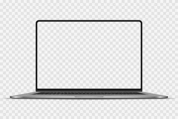 Realistic Darkgrey Notebook with Transparent Screen Isolated. New Laptop. Open Display. Can Use for Project, Presentation. Blank Device Mock Up. Separate Groups and Layers. Easily Editable Vector.