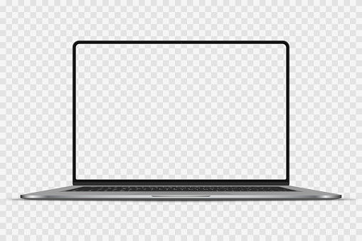 Realistic Darkgrey Notebook with Transparent Screen Isolated. New Laptop. Open Display. Can Use for Project, Presentation. Blank Device Mock Up. Separate Groups and Layers. Easily Editable Vector.