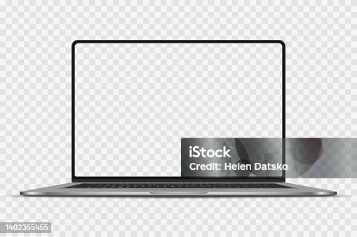 istock Realistic Darkgrey Notebook with Transparent Screen Isolated. New Laptop. Open Display. Can Use for Project, Presentation. Blank Device Mock Up. Separate Groups and Layers. Easily Editable Vector. 1402355455