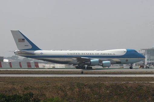 Los Angeles International Airport, California, USA - June 11, 2022: image of Air Force One, VC-25,  with President Biden aboard shown taking off from LAX.