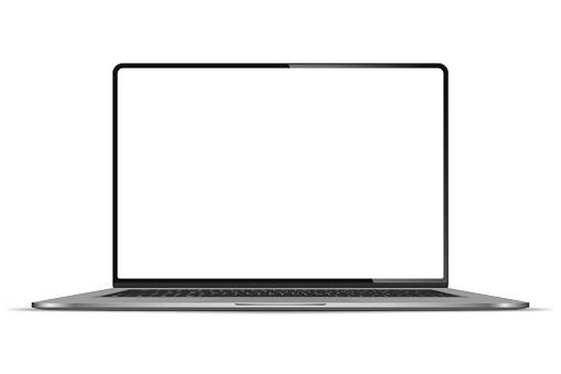 Realistic Darkgrey Notebook with Transparent Screen Isolated. New Laptop. Open Display. Can Use for Project, Presentation. Blank Device Mock Up. Separate Groups and Layers. Easily Editable Vector.