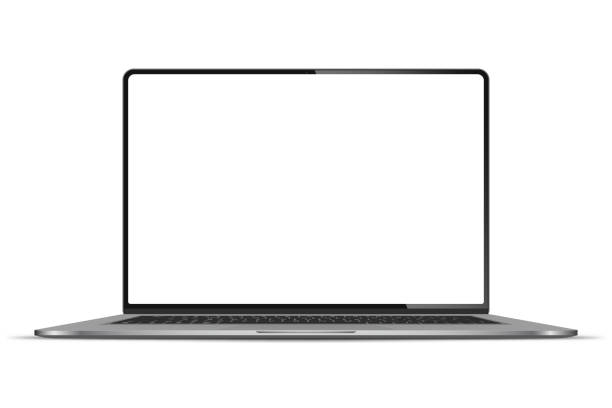 Realistic Darkgrey Notebook with Transparent Screen Isolated. New Laptop. Open Display. Can Use for Project, Presentation. Blank Device Mock Up. Separate Groups and Layers. Easily Editable Vector.向量藝術插圖