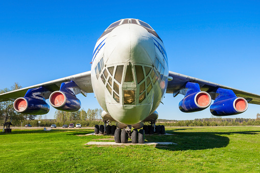 MINSK, BELARUS - MAY 05, 2016: The Ilyushin Il-76 aircraft in the open air museum of old civil aviation near Minsk airport. Il-76 is a strategic airlifter designed by the Ilyushin design bureau.
