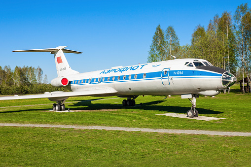 MINSK, BELARUS - MAY 05, 2016: Tupolev Tu-134 aircraft in the open air museum of old civil aviation near Minsk airport. The Tupolev Tu-134 is a twin-engined airliner built in the Soviet Union.