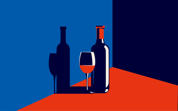 Vector illustration of a bottle of wine and a glass with red wine next to it in trendy colors in a minimal style Vector illustration of a bottle of wine and a glass with red wine next to it in trendy colors in a minimal style. alcoholism stock illustrations