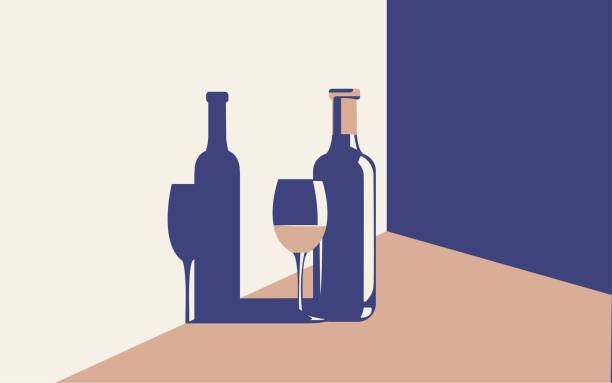 ilustrações de stock, clip art, desenhos animados e ícones de vector illustration of a bottle of wine and a glass with wine next to it in trendy colors in a minimal style - silhouette wine retro revival wine bottle