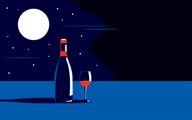 illustrations, cliparts, dessins animés et icônes de illustration vectorielle d’une bouteille de vin et d’un verre de vin au clair de lune le soir ou la nuit - silhouette wine retro revival wine bottle