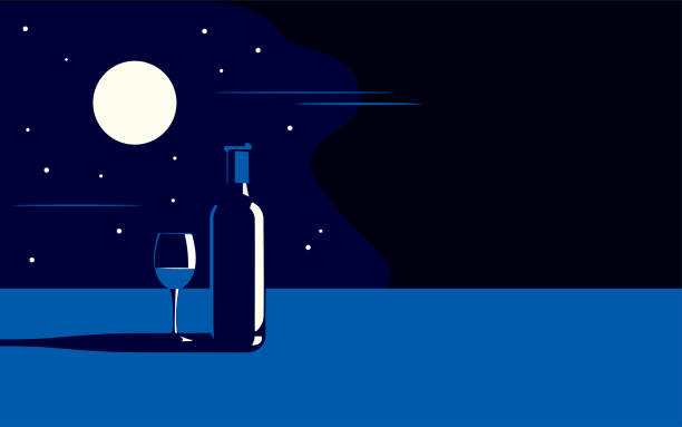 ilustrações de stock, clip art, desenhos animados e ícones de vector illustration of a bottle of wine and a glass of wine in the moonlight in the evening or at night - silhouette wine retro revival wine bottle