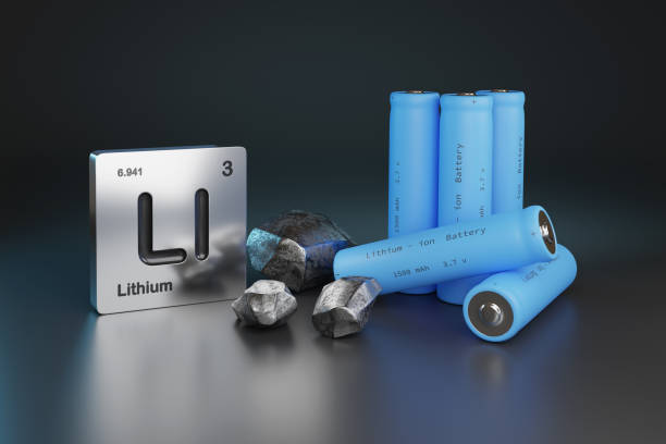 litio - baterías de iones, litio metálico y símbolo de elemento. ilustración 3d. - batería fotografías e imágenes de stock