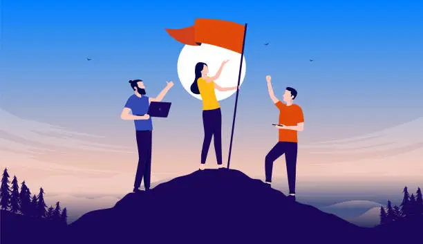 Vector illustration of Business victory - Team of people in casual clothes on hilltop raising flag