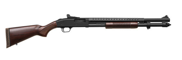 istock Modern pump-action shotgun with a wooden butt and fore-end isolate on a white background. Weapons for sports and self-defense. Armament of police, army and special units. 1402360443