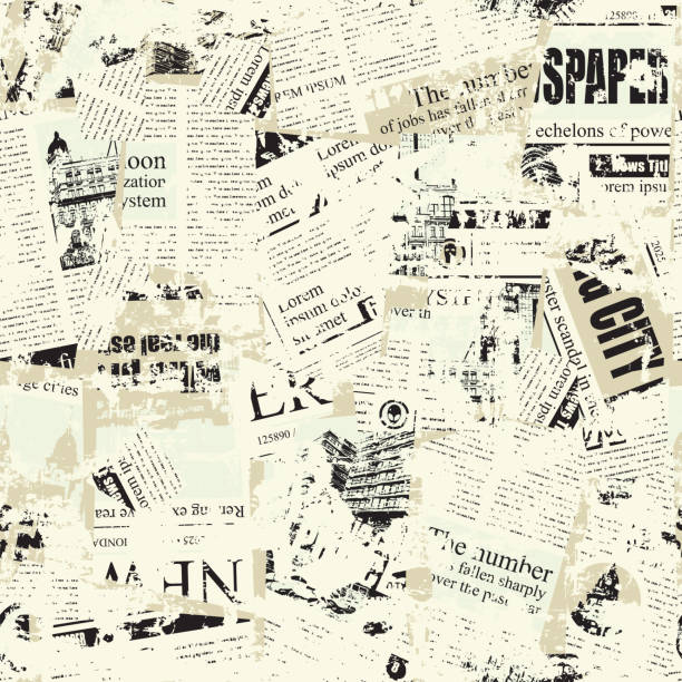 ilustrações de stock, clip art, desenhos animados e ícones de abstract seamless pattern with illegible newspaper text - multi layered paint