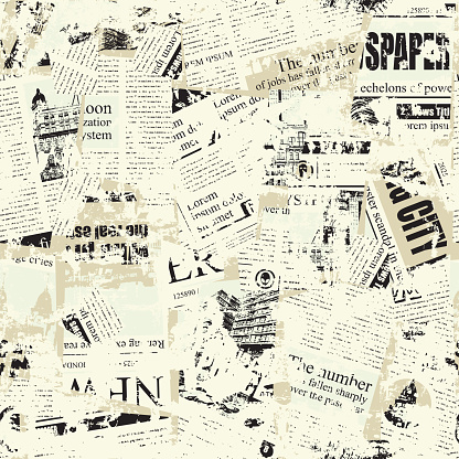 Abstract seamless pattern with illegible newspaper text, titles, illustrations and chaotic spots. Suitable for wallpaper, wrapping paper or fabric. Monochrome vector background in grunge style