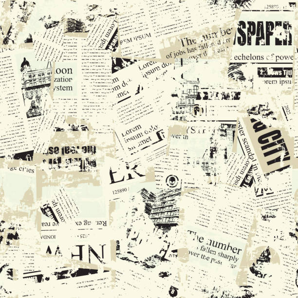 Abstract seamless pattern with illegible newspaper text Abstract seamless pattern with illegible newspaper text, titles, illustrations and chaotic spots. Suitable for wallpaper, wrapping paper or fabric. Monochrome vector background in grunge style illegible stock illustrations