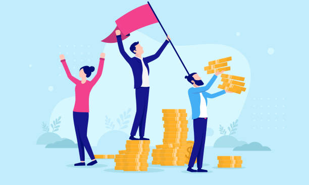 ilustraciones, imágenes clip art, dibujos animados e iconos de stock de empresarios ricos que ganan dinero y celebran las ganancias - cheering business three people teamwork