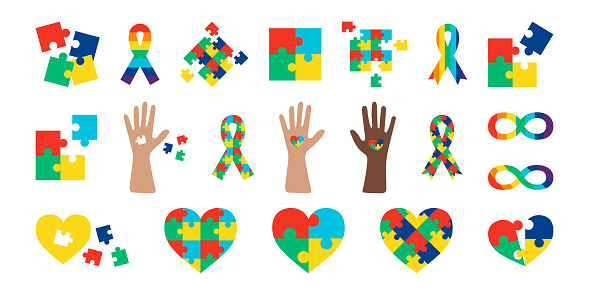 Autistic Pride Day set colorful icons. World Autism Month, signs and symbols from puzzles. Collection vector illustration - Autism spectrum disorder elements. Autistic awareness set, jigsaw puzzles.