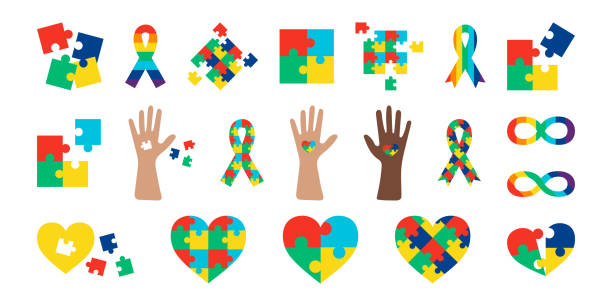 Autistic Pride Day set colorful icons. World Autism Month, signs symbols from puzzles. Autism spectrum disorder elements Autistic Pride Day set colorful icons. World Autism Month, signs and symbols from puzzles. Collection vector illustration - Autism spectrum disorder elements. Autistic awareness set, jigsaw puzzles. autism stock illustrations