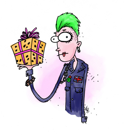Cartoon of green mohawk punk girl in  a cool denim coat holding a present wrapped in leopard print giftwrap.