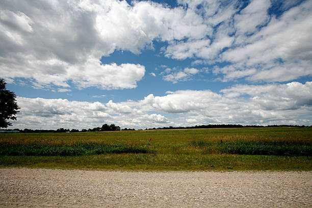 green farmland with intense clouds stock photo