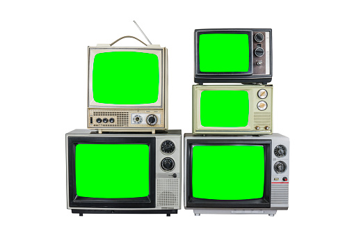 Five vintage televisions with green screens and white background.