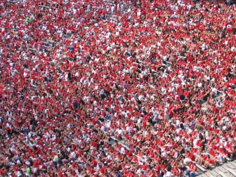 Crowd of fans at a football game dressed in red and white