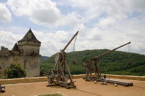 Trebuchets (siege warfare). Castle of Castelnaud, Dordogne (Perigord), Aquitaine, France