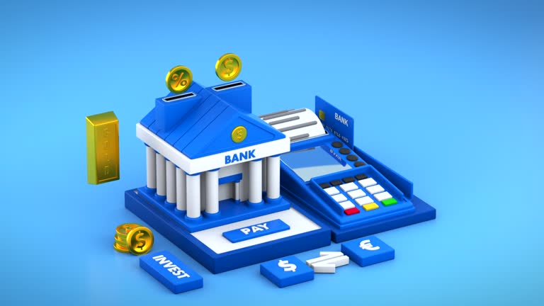 Complete banking system animation with credit card, payment terminal machine, gold coins and bar. 3D Animation Looped. Global capital, investments, business, finance, economy and money concept