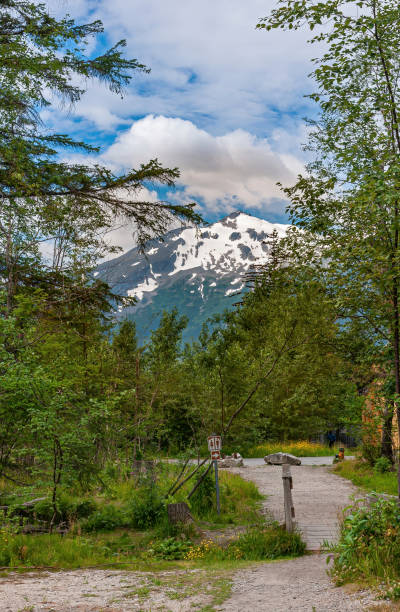 Snow covered mountain peak south of Skagway, Alaska, USA stock photo