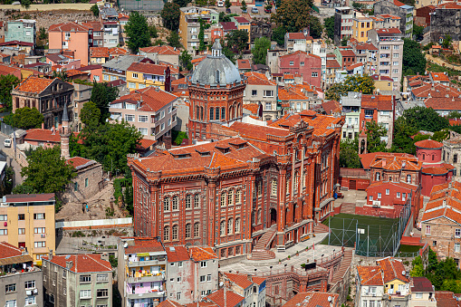 Aerial view of Istanbul's Balat district. Fener Greek Patriarchate in the foreground, Golden Horn region in the back.