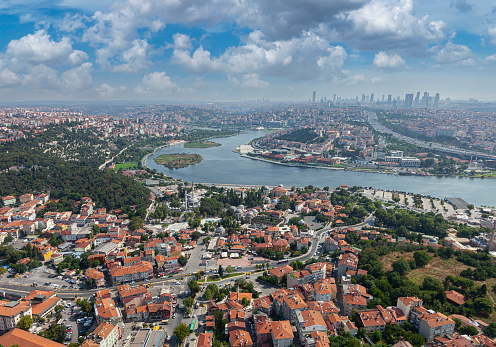 Aerial view of Eyüp district of Istanbul. Eyüp mosque in the foreground, Eyüp cemetery and Golden Horn region in the back.