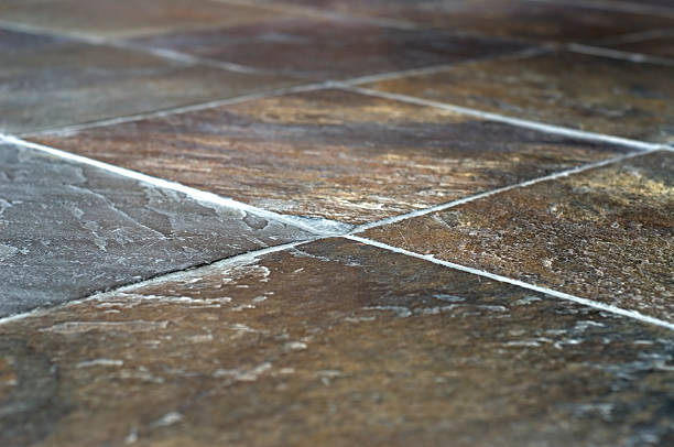 A closeup image of slate tiles and grout