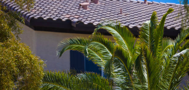 A close up crop of a residential home with green trees/plant life in the foreground.