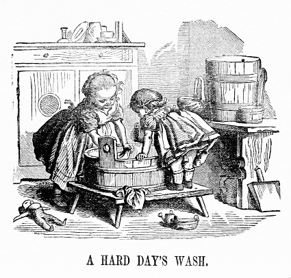 Two sisters wash  laundry in a washtub. A doll is laying on the floor.  Series. Part 1 of 2. Illustration published 1890. Source: Original edition is from my own archives. Copyright has expired and is in Public Domain.