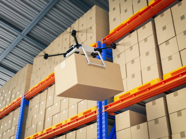 istock Automation warehouse concept with delivery drone holding cardboard box 1402379446