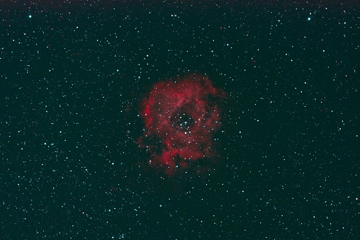The Rosette Nebula, sometimes called the Skull nebula (NGC 2244) is a region of ionized Hydrogen about 5000 light years from earth