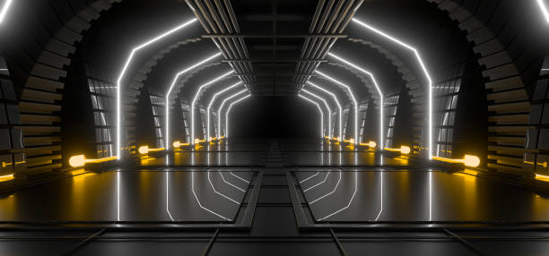 istock Sci Fy neon lamps in a dark corridor. Reflections on the floor and walls. 3d rendering image. 1402382362
