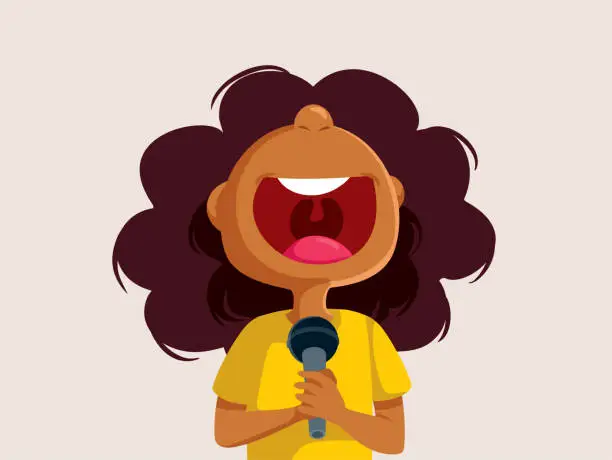 Vector illustration of Little Girl Singing Loud Vector Funny Cartoon Illustration