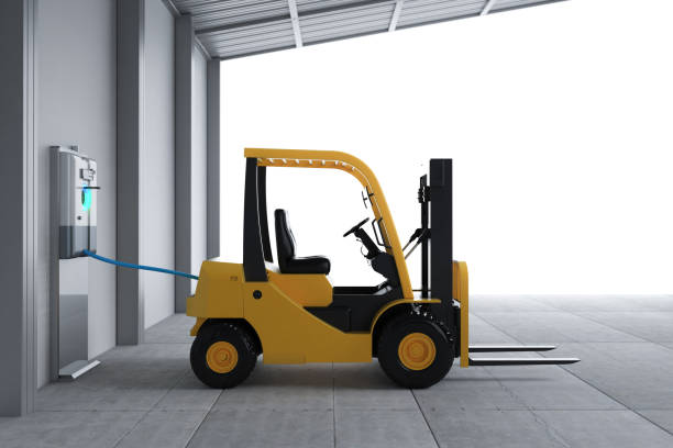 3d rendering forklift truck charges with electric recharging station