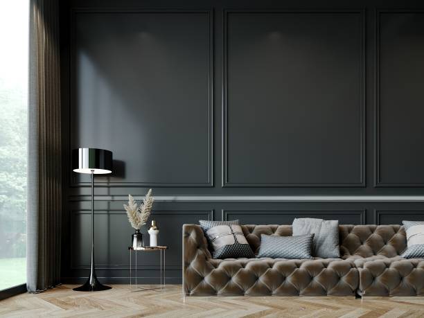 istock brown sofa in luxury black room,3d rendering 1402389586
