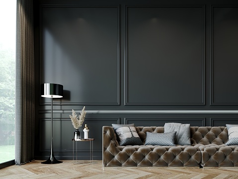brown sofa in luxury black room,3d rendering