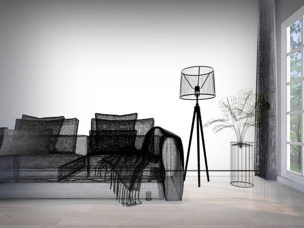 sketch design of living room ,3d wireframe rendering