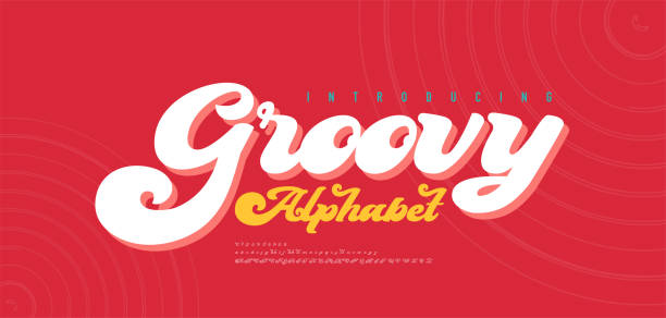 70s retro groovy liter alfabetu czcionka i liczba. typografia czcionki dekoracyjne vintage koncepcja. inspirujący nadruk sloganu z symbolami hipisowskimi na graficzną koszulkę lub logo. ilustracja wektorowa - 70s stock illustrations