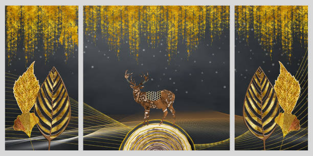 istock 3d golden tree leaves, marbled deer, lines, dark background. wall frame home decor. wall frame decor 1402394065